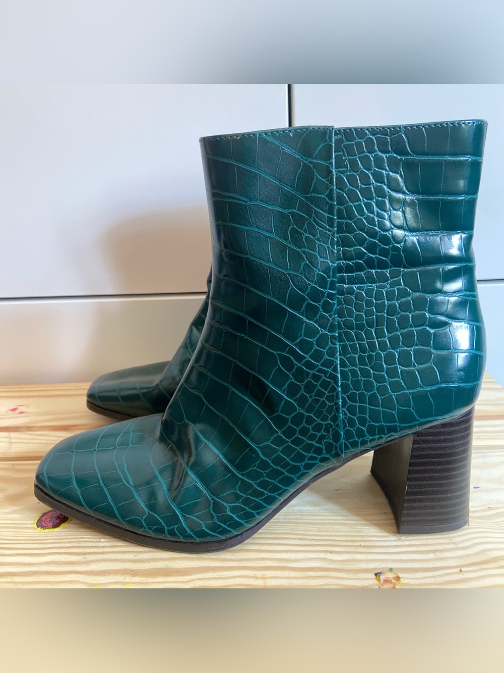INC International Concepts Croc-Embossed Teal Green Ankle Boots - Picture 4 of 6